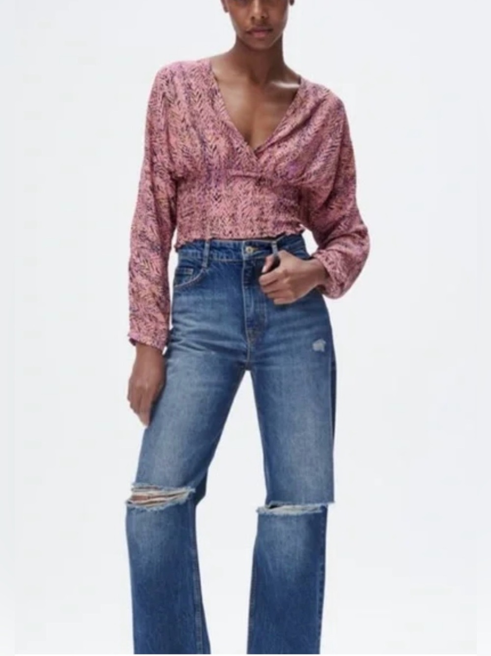Zara Pink Patterned Long Sleeve Blouse